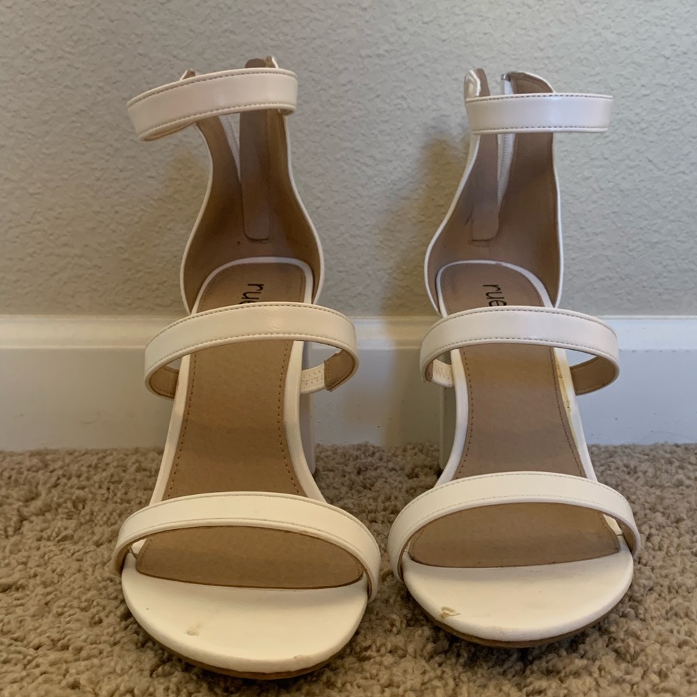White ankle strap heels